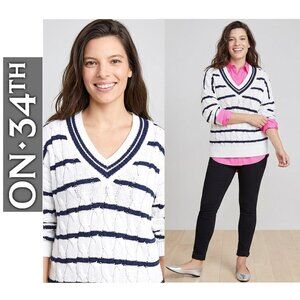 On 34th - Women's V-Neck Cable-Knit Rugby Sweater in navy/white stripes